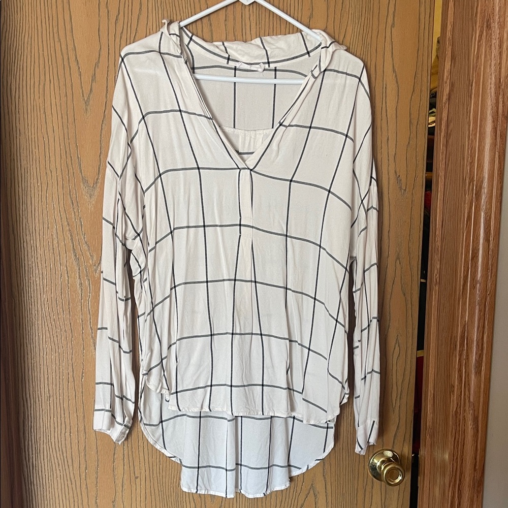 Lush Cream Hooded V-Neck Windowpane Tunic with Black Check